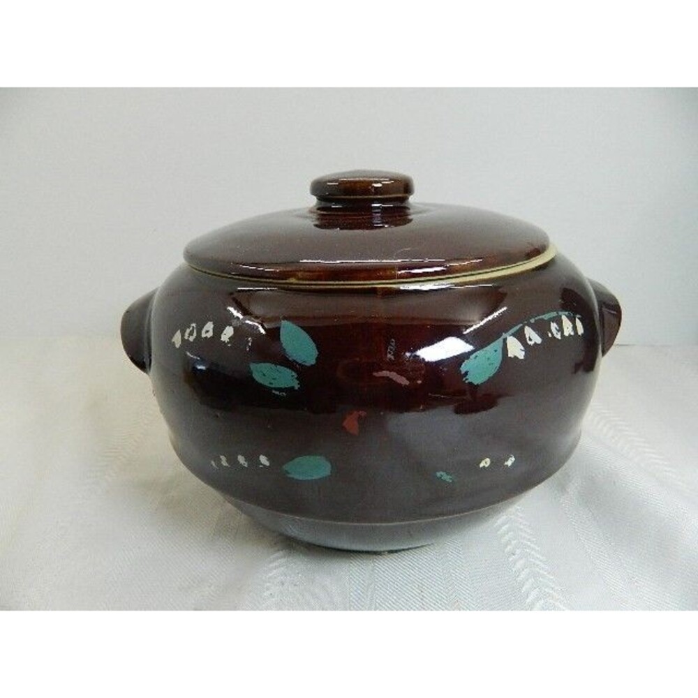 Vintage Brown Glazed Bean Crock Pot with Lid & Handles USA Floral MCM